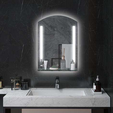 Miroir de salle de bains LED mural avec étagère en verre, 3 couleurs, 50 x 70 cm, argenté (1/5)
