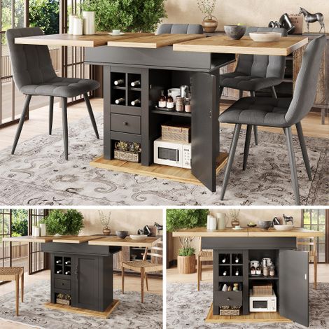Extendable Telescopic Dining Table for 4-6 People,Foldable Space-Saving Kitchen Table with Wine Rack and Drawers,Ideal for Kitchen and Living Room