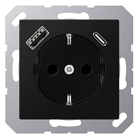 Jung Toma de corriente SCHUKO®, 16 A 250 V , con cargador USB, 1 x Typ A + 1 x Typ C, SAFETY+, Serie A, graphitschwarz matt A 1520-15 CA SWM