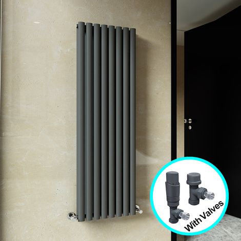 ELEGANT Central Heating Radiator 1600 x 472mm Vertical Anthracite Double Panel Oval Column Rad + Thermostatic Radiator Valves (1/5)