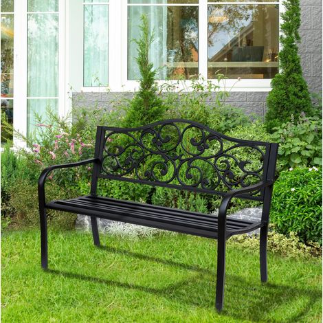Panchina da giardino 3 posti in acciaio nero con braccioli in ghisa 127 x 60 x 89 cm (1/5)