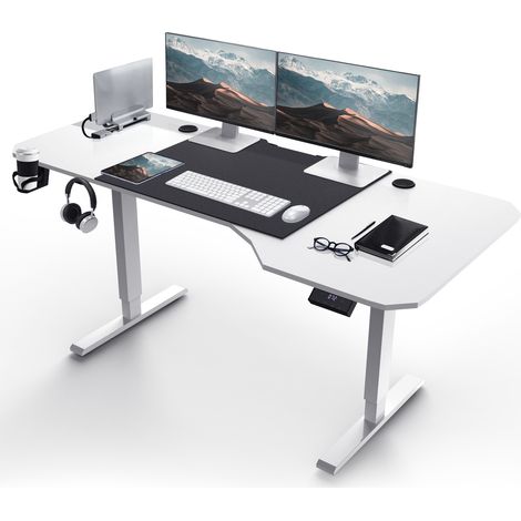 Bureau en L de 160CM, réglable en hauteur, avec support pour écouteurs, Blanc (1/5)