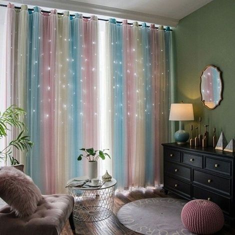 (Poudre bleue)2 Pièces Rideaux Chambre-L132 sur H243 cm-Rose et Bleu Couleurs Dégradé Etoiles Perforées-Rideau Occultant avec Blanc Voilages (1/4)