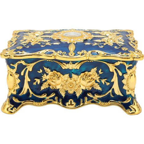 Boîte à bijoux vintage en métal émaillé bleu et or, coffret à bijoux rectangulaire à double étage, style européen pour rangement (1/5)