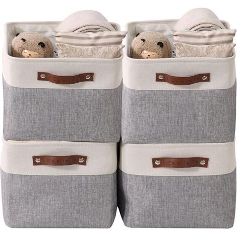 Faltbare Aufbewahrungskörbe aus robustem, zusammenfaltbarem kationischem Gewebe mit Griffen zur Aufbewahrung im Kinderzimmer oder Kleiderschrank (Grau und Weiß. Groß - 4er-Pack)