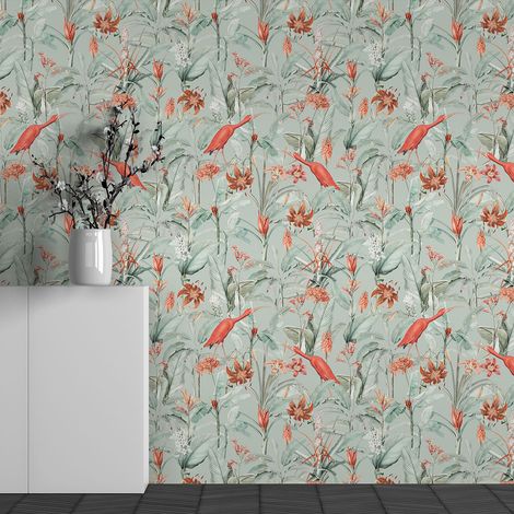 Papier peint panoramique - Motif Fleurs Flamants Roses - 130 cm x 81 cm (1/3)
