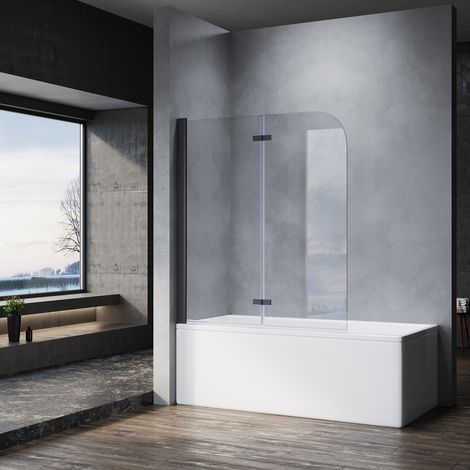 SONNI Sopravasca Parete Per Vasca 120x140cm Nero Parete Vasca con Dispositivo Pieghevole a 180 ° Vetro Trasparente 6mm per Vasca da Bagno, Schermo Doccia per Vasca (1/5)