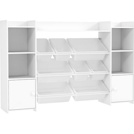 Scaffale Portagiochi per Bambini 140x30x90 cm con 8 Contenitori Rimovibili e Armadietti in MDF Bianco