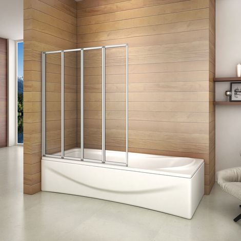 Sopravasca 100x140cm Parete Da Vasca Bagno 4 Antine Pieghevoli A Libro Vetro Temperato Trasparente 4 mm Profilo Argento Opaco