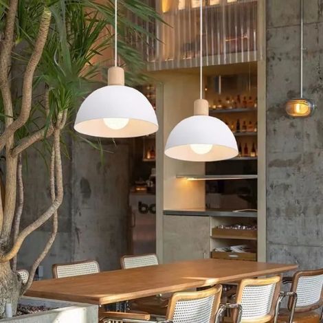 Lot de 2 Lustre Suspension Rétro Suspension Luminaire Moderne Style Demi-Cercle Plafonnier E27 en Bois Métal Blanc, Ø 20CM (1/5)