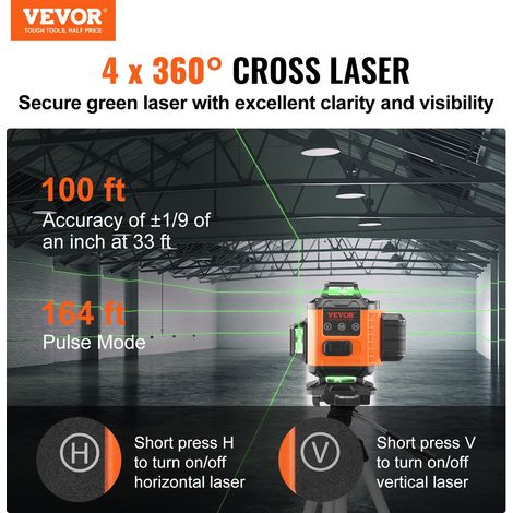 Niveau Laser 30 m Niveau Laser 360° x 4 16 Lignes Croisées Verte Mode Autonivelant Manuel Longueur d'Onde Laser 520 nm ± 10 nm Précision de 0,28 cm à 10 m 5 h de Travail en Continu avec Batterie (1/5)