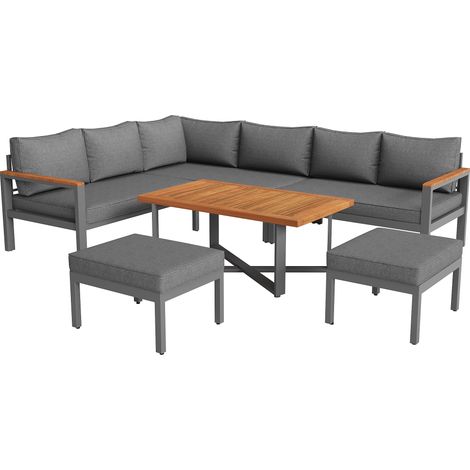 VIYET - Set Jardin 7-8 Places – 3 Canapés Double + 2 Fauteuils + Table Bois - Cadre Acier Galvanisé - Pieds Réglables - Antidérapants (1/5)