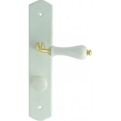 Demi ensemble sur plaque poire en porcelaine blanche et laiton poli – Dimensions plaque 225 x 50 mm – Entraxe 195 mm – Accessoires inclus