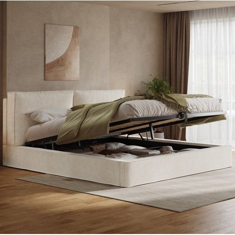 Letto matrimoniale 180x200 cm beige in velluto a coste con contenitore idraulico (1/5)