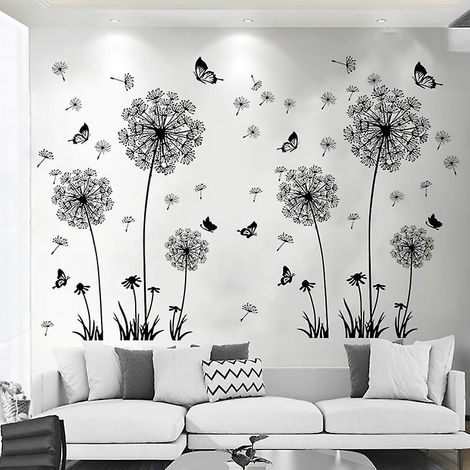 Stickers muraux pissenlit et papillon pour chambre, salon ou bureau - Noir (1/5)