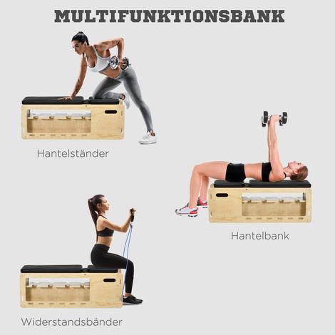 Banc de musculation avec repose-haltères, 1 panier de rangement, réglable sur 6 positions, bois massif, naturel et noir