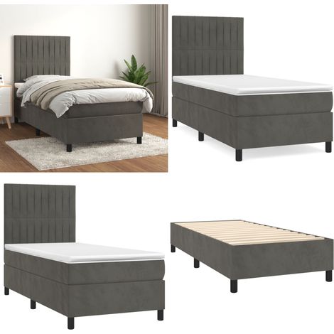 Giroletto a Molle con Materasso Grigio Scuro 80x200 cm Velluto - Materasso a molle insacchettato - Letto con testiera regolabile
