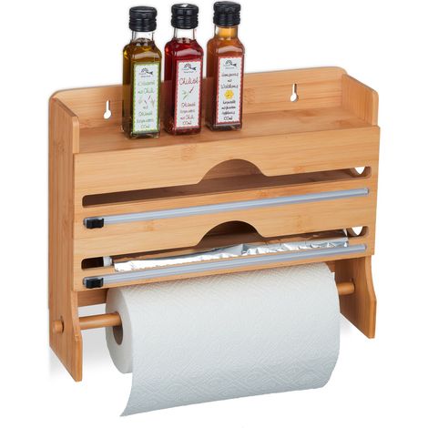Relaxdays Wall-Mounted Kitchen Roll Holder, for Aluminium Foil, Cling Film, Paper, Bamboo, 31 x 39.5 x 11 cm, Natural
