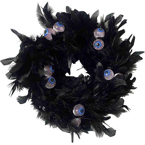 Couronne de plumes noires à suspendre à la porte, accessoire de décoration pour Halloween, objet de décoration festif, avec des yeux (matière : mousse + plumes) (1/3)