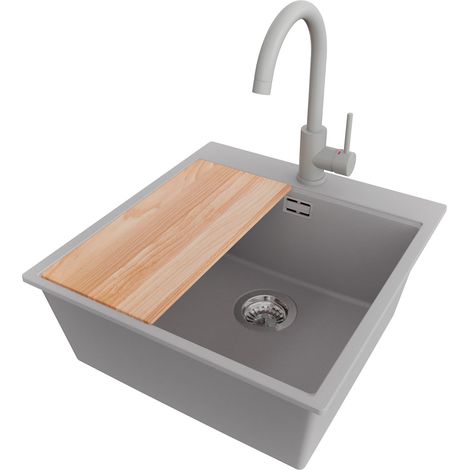 PRIMAGRAN Evier Cuisine en Granit 48x50cm,Lavabo 1 bac + Robinet 32x20cm + Kit de Vidage + Planche à Découper, Évier à Encastrer au meuble 50cm - Oslo, Gris (1/5)