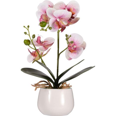Orchidee Artificielle en Pot Fleur Artificiel Phalaenopsis Plastique Bonsaï Deco Orchidee pour Décoration de La Maison Bureau Chambre, 32x18x5.5cm, Rose (1/4)
