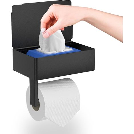 CCYKXA Toilet Paper Holder, GUIGUZI Wall Mounted Toilet Paper Holder No Drilling with Shelves and Wet Wipes Box, Black Self Adhesive Toilet Paper Roll Holder for Toilet and Kitchen (1/5)