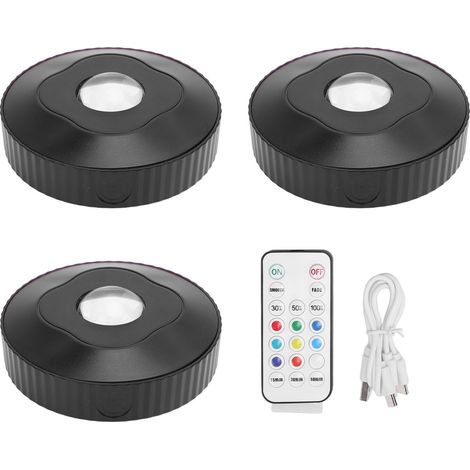 Lot de 3 rondelles lumineuses colorées RVB à piles, rechargeables par USB, éclairage sous-meuble avec télécommande pour armoires à vin, étagères, placards