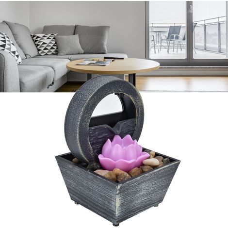 Fuente de escritorio USB de 3 V con LED, piedras decorativas y flores de plástico para decorar la mesa del hogar o la oficina. (1/5)