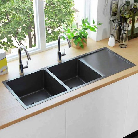 Évier de cuisine fait main, acier inoxydable noir (1/5)