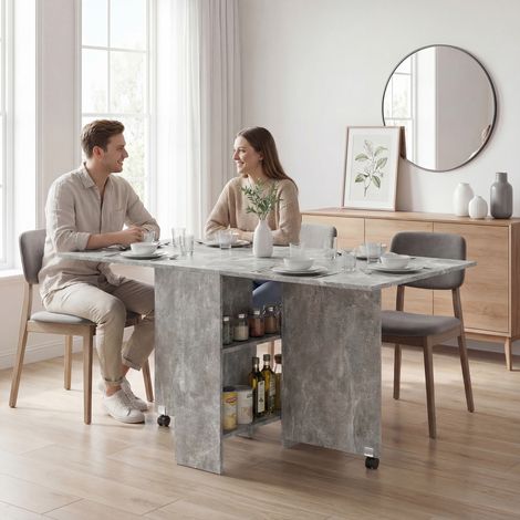 Mesa de Cocina Plegable con Ruedas 2 Estantes de Almacenaje y 2 Alas Abatibles Estilo Moderno 75x140x74 cm Gris Cemento (1/5)