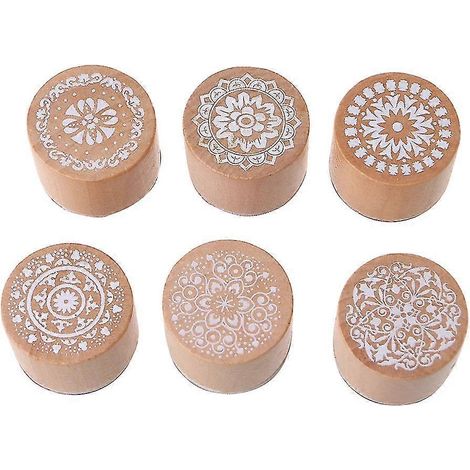 Lot de 6 tampons en caoutchouc à motifs ronds en bois anciens, joliment différents (1/5)