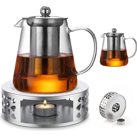 1300ML Glass Teapot with Warmer, Glass Teapot with Infuser, Teapot Warmer, Borosilicate Glass Teapot and Warmer, Heat Resistant, for Preparing Loose Leaf Teas