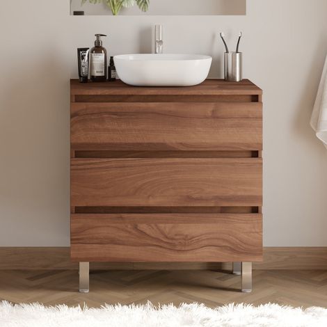 Meuble de salle de bain 80cm avec plateau et vasque à poser arrondie - 3 tiroirs - sans miroir - noyer (bois foncé) - MAYOR