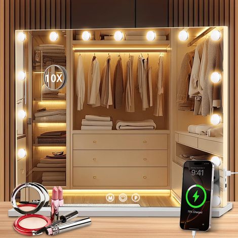 Miroir Coiffeuse de Maquillage LED 15  Lampes, 58×46 cm Vanity Mirror Hollywood Super HD Makeup avec Grossissement ×10, 3 Couleurs de Lumière Intensité Réglable Port USB–pour Femmes et Filles