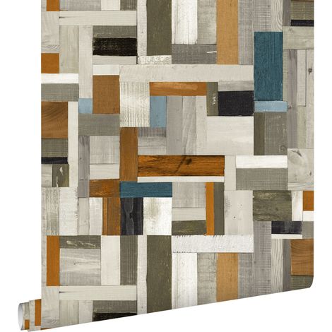 papier peint imitation bois gris, marron et bleu gris  - ESTAhome (1/5)