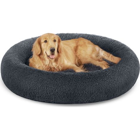 Panier pour chien lit ronde en forme de beignet canapé coussin central amovible et lavable tissu peluche doux 120 cm gris clair