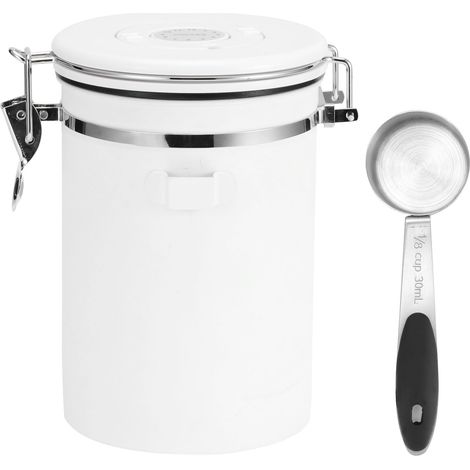 Boîte de conservation hermétique en acier inoxydable 304 de 1,8 L avec cuillère intégrée, idéale pour le café en grains, le thé et les fruits secs. Bocal blanc. (1/5)