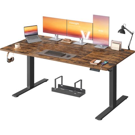 Bureau Électrique Réglable en Hauteur, 180 x 80 cm, avec Port USB-C, Support pour Multiprise, Rappel de Sédentarité, Fonction Mémoire 3 Hauteurs, Télétravail, Marron Rustique (1/5)
