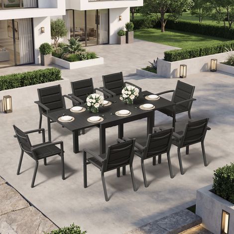Devoko – Ensemble salon de jardin 8 personnes – Table extensible 80/160 cm en aluminium – 8 chaises empilables – Résistant aux intempéries – Gris (1/5)