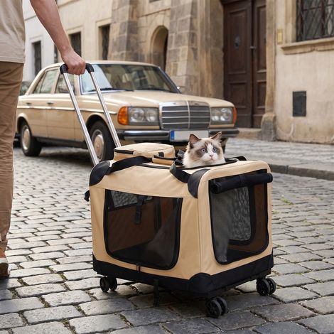 FIANAO – Sac de transport pour chat à roulettes – oxford et cadre métallique, murs en maille respirante – 60 × 42 × 42 cm, kaki (1/5)
