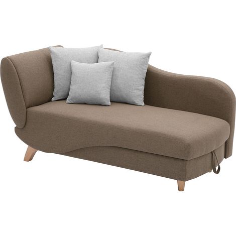 Vente-Unique – Méridienne convertible en tissu 100% polyester marron – Coffre de rangement intégré – Coussins inclus – Dimensions 160x80cm