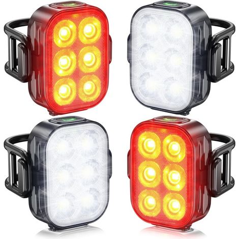 Lumiere Velo,Feux Avant et Arrière de Vélo, IP65 Imperméable à l'eau USB Rechargeable, Équipé de 6 Perles de Lumière LED Super Lumin (1/5)