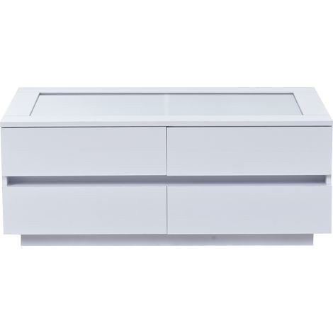 Table basse blanche moderne 100x50x40 cm avec 4 tiroirs, plateau en verre trempé, éclairage LED et finition laquée brillante (1/5)
