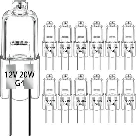 Lot de 12 ampoules halogènes G4, 20 W, 12 V, culot à 2 broches, ampoules à capsule transparente blanc chaud pour l'éclairage domestique