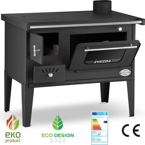 Cuisinière à bois 6 kW – Puissance de chauffage jusqu'à 80 m² – Longueur bûches 40 cm – Classe énergétique A – Acier noir – Zvezda