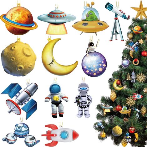 Ornement Planète - Ornement Astronaute - Décoration De Noël Thème Espace - En Bois Naturel - Pour Arbre De Noël Et Fête - Lot De 9 Pièces (1/5)