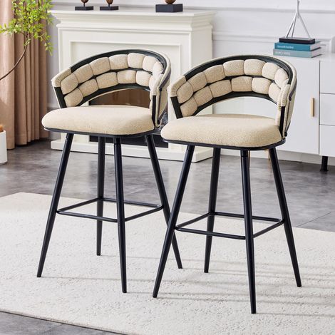 Ensemble de 2 tabourets de bar en velours beige avec pieds en fer noir, tabourets de comptoir modernes pour îlot de cuisine