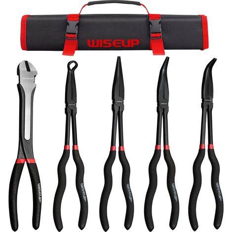 Lot de 5 pinces à long bec en acier au carbone, 27,9 cm de long, droites, à bec coudé à 45°, pince à long bec coudé à 90°, pinces coupantes latérales pour espaces (1/5)