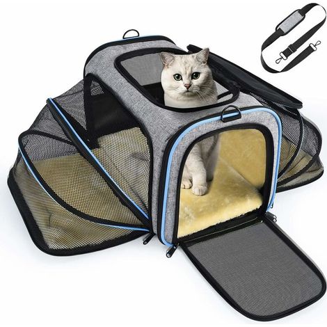 Sac de Transport Chat Chien Extensible, Structure Solide, Rangement Facile, Filet Respirant, Spacieux, Pliable, pour Voyage en Train/Voiture/Restaurant/Avion Approuvé Bleu Lefou (1/5)