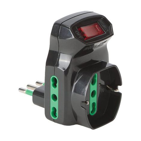 ADATTATORE TRIPLO 10A16A+SCHUKO FME  NERO 2P+T + INTERRUTTORE TERMICO